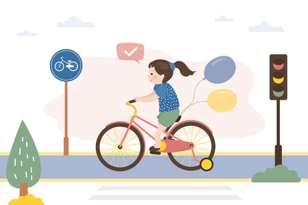 Caucasian girl rides bicycle on special bike lane. Safe movement, eco-friendly and safe transport for little child. Fun time spending, sports. Cute kid cyclist. City road, urban landscape. vectorのイラスト素材