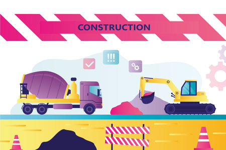 Process of building. Excavator and concrete mixer at construction site. Development, industrial machines doing foundation. Roadworks or earthworks. Horizontal banner. Flat vector illustrationのイラスト素材