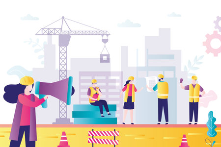 Construction site, crane builds a house. Woman boss uses a megaphone and directs the construction process. Workers in uniform and engineers at a construction site. Flat vector illustrationのイラスト素材