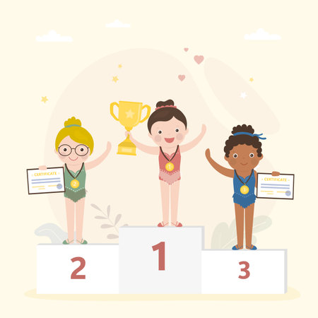 Happy multiethnic girls in sportswear stand on podium. Winner reward ceremony. Award ceremony after sports competitions. Lovely girls with certificates and medals. Winner and losers. Flat vectorのイラスト素材