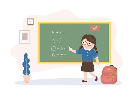 Cute schoolgirl stands at the blackboard and solves mathematical examples. Mathematics lesson, smart girl student calculate. Learning process, education. School class interior. Vector illustrationのイラスト素材