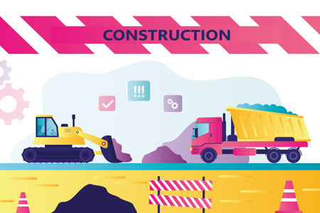 Process of building. Bulldozer and dump truck at construction site. Development, industrial machines. Roadworks or earthworks. Horizontal banner. Flat vector illustrationのイラスト素材
