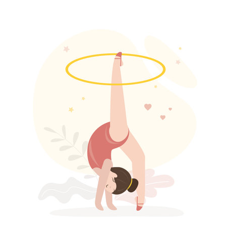 Little girl gymnast in sportswear with sports hoop. Rhythmic gymnastics classes, caucasian little child with sports equipment. Sports section, lesson. Sportswoman performs difficult exercise. vectorのイラスト素材