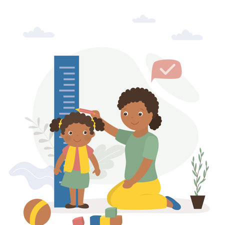 Cute mother measures height of her daughter on height meter. African American family, mom and little girl. Childhood, health care. Funny female characters. Flat vector illustrationのイラスト素材