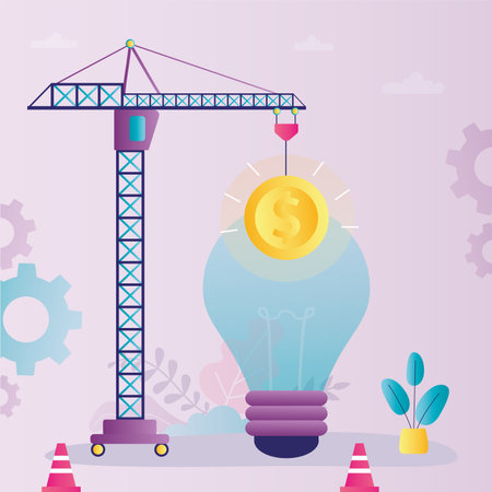 Big crane insert dollar coin into new bulb. Venture fund. Idea pitching, creativity, brainstorming. Startup development. Investment in new business project. Idea light bulb. Flat vector illustrationのイラスト素材
