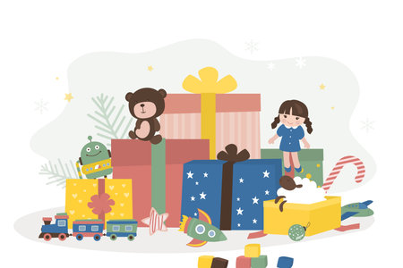 Gift boxes, toys, gifts. Boxing day, concept. Presents for children and children. Various toys - doll, teddy bear and others. Christmas or birthday gifts. Flat vector illustrationのイラスト素材