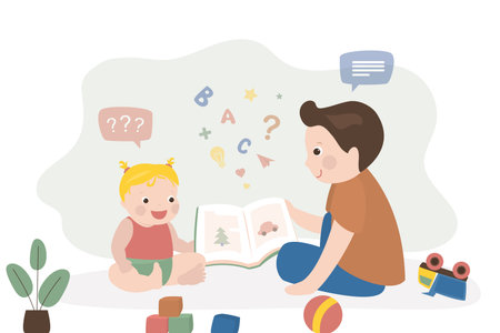 Brother is reading book to his little sister. Infant girl looks at pictures in book. Childhood, newborn care. Help for parents, children games and learning. Flat vector illustrationのイラスト素材