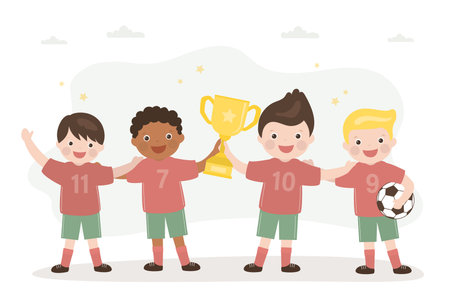 Happy multiethnic schoolboys with winner cup. Team of little sportsmen holds soccer ball. Football players after competition. First place, reward for winner in championship. Flat vector illustrationのイラスト素材