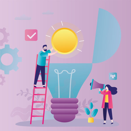 Innovative idea, concept. Businessman insert the light into a new bulb. Idea pitching, creativity, brainstorming. Startup development. New business project. Idea light bulb. Flat vector illustrationのイラスト素材