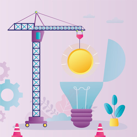 Big crane insert the light into a new bulb. Idea pitching, creativity, brainstorming. Startup development. New business project. Idea light bulb. Flat vector illustrationのイラスト素材