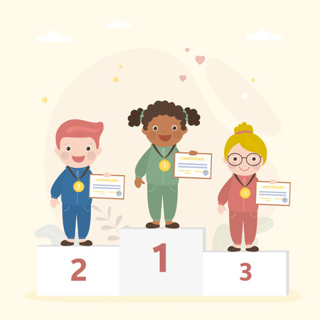 Happy multiethnic kids in sportswear stand on podium. Winner reward ceremony. Award ceremony after sports competitions. Lovely children with certificates and medals. Winner and losers. Flat vectorのイラスト素材