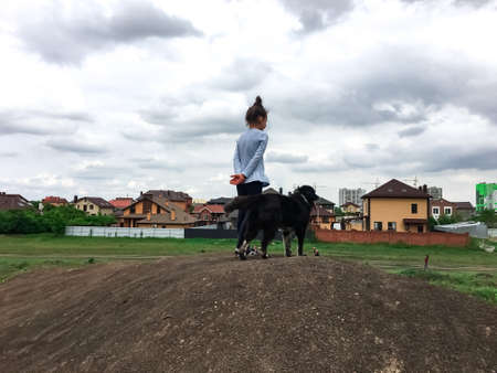 girl walks with a friendly dog in natureのeditorial素材