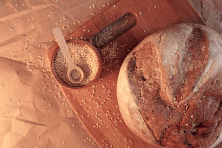 round freshly baked bread close up