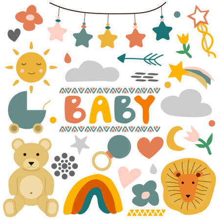 Baby hand drawn vector set of elements. Scandinavian style, animals, decore.のイラスト素材