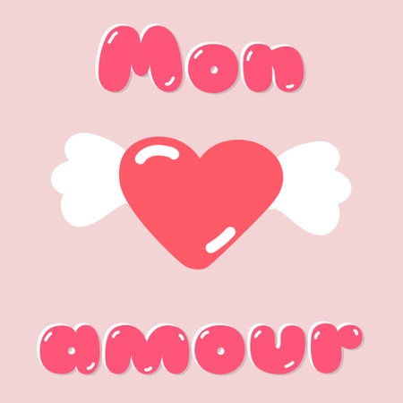 My love, Mon amour greeting pink card with hearts. Happy valentine's day hand drawn vector illustration. Part of collectionのイラスト素材