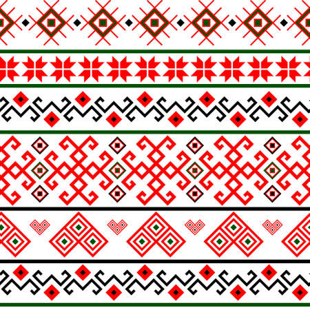 Bulgarian balkan national folklore embroidery style red, white, green and black ornamental seamless vector patternのイラスト素材
