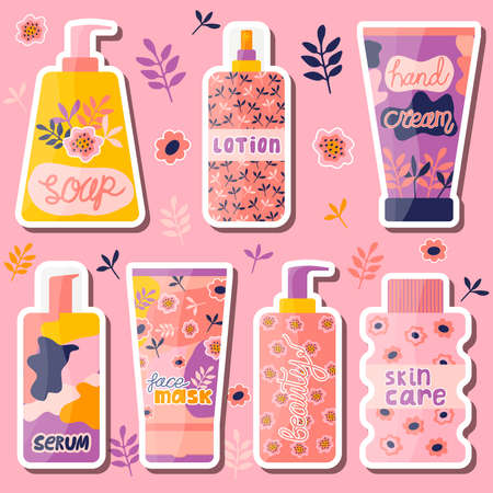 Set of beauty cosmetic bottle with abstract and floral design. Hand-drawn skin care products vector illustrationのイラスト素材