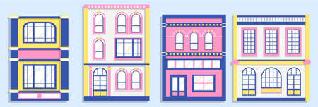Bright city buildings. Apartment house or store exterior vector set