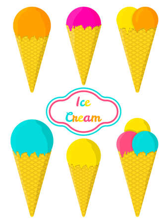 Colorful summer ice cream in waffle cone. Hand drawn vector set on white backgroundのイラスト素材