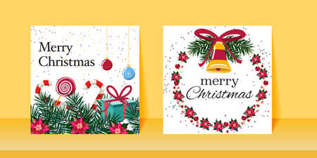 Colourful square christmas cards with a bell, pine branches, gift boxes, sweets and flowers. Merry Christmas banners. Cute square greeting cards for Christmas.のイラスト素材