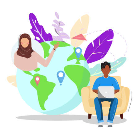 Remote work, team work, virtual, international working concept. African man and islamic woman communicating online and working together. Vector illustration.のイラスト素材