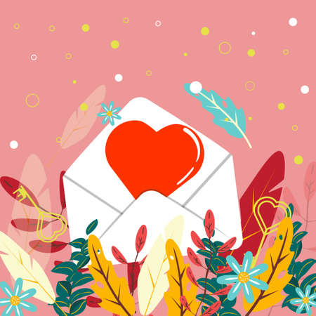 Beautiful illustration with a big heart in a envelope. Mail envelope with a red heart surrounded with colourful leaves, flowers, branches. Valentine's day, love, romantic illustration.のイラスト素材