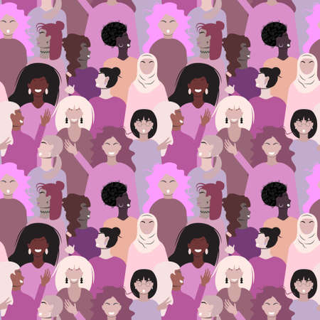 Purple seamless pattern with female faces. For textile, paper, print, packaging. Diversity concept. Vector pattern.のイラスト素材