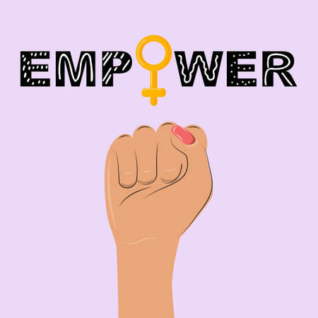 Woman fist raised up. Empower, feminism concept illustration. Female gender. Isolated hand on purple background.のイラスト素材