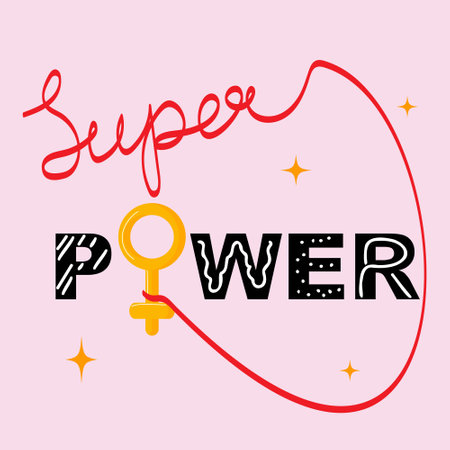 Super women power. Illustration with hand-written text and female gender sign on pink background. Feminism concept illustration. For backgrounds, cards, flyer, advertisements. Vector illustrationのイラスト素材