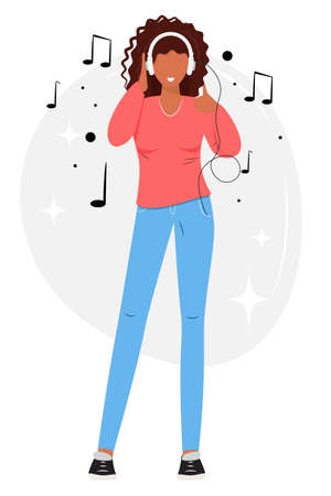 Young pretty woman listening to music, radio, podcast. Woman with  headphones enjoying good music. Music lover concept illustration.のイラスト素材