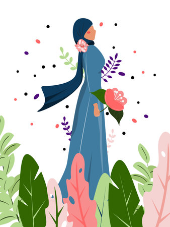 Beautiful muslim woman with a big pink flower standing gorgeous in the nature. Woman wearing hijab. International Women's Day. For cards, banners, advertisements, flyers. Vector illustrationのイラスト素材