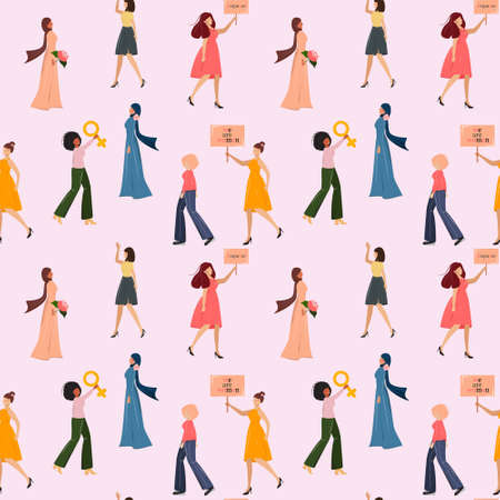 Seamless pattern with pretty young women of different nationalities. Multicultural concept illustration. For backgrounds, textile, wrapping paper, cards.のイラスト素材