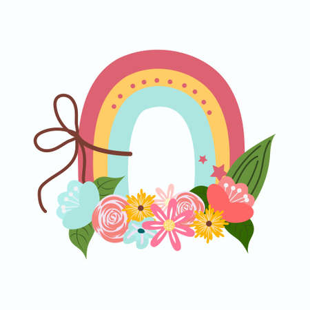 Cute rainbow with flowers. For cards, banners, prints, any cute design projects. Vector illustration.のイラスト素材