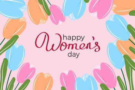 Floral template for International Women's Day with tulips and hand written font. For cards, posters, advertisements, backgrounds. Vector template.のイラスト素材