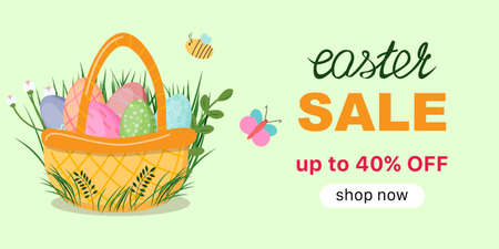 Easter sale template with a basket filled with Easter eggs. Template for banner, web advertisements, cards, flyers, gift cards. Vector template.のイラスト素材