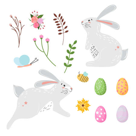 Collection of spring items and bunnies. Cute Easter design elements. For any cute projects.  Vector illustration.のイラスト素材