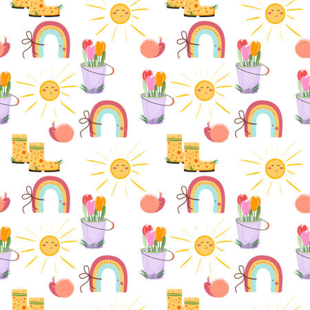Seamless pattern with cute summer elements. Children pattern with a rainbow, boots, sun, snail and...