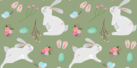 Seamless pattern with cute Easter bunnies, Easter eggs and flowers. Children pattern for textile,...