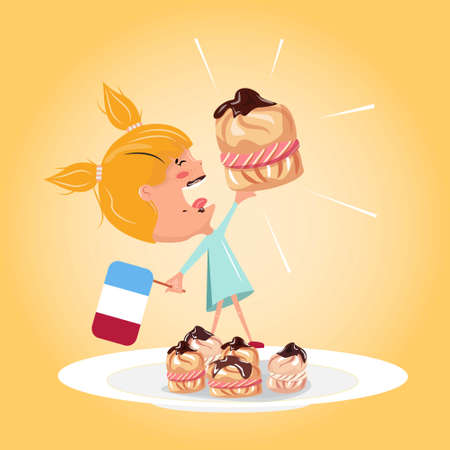 Little girl eating profiteroles. Girl holding a French flag, eating and standing on the plate filled with profiteroles. Little sweet tooth enjoying french dessert. Vector illustration.のイラスト素材