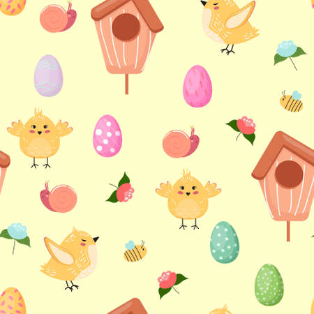 Seamless pattern with cute birds, bird houses, bees, snails and Easter eggs. Easter pattern with birds on yellow background. For textile, paper, wrapping paper, packaging, cards, covering. Vector patter.のイラスト素材