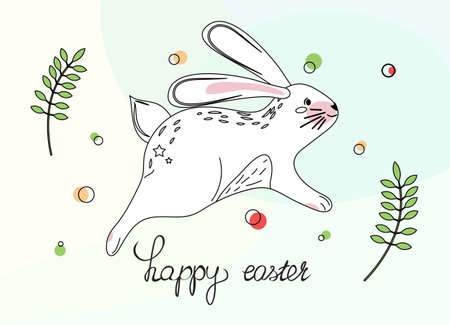 Cute little bunny in the hurry to wish you Happy Easter. Running bunny. Outline flat illustration. Template for banners, cards, flyers, prints. Vector illustration.のイラスト素材