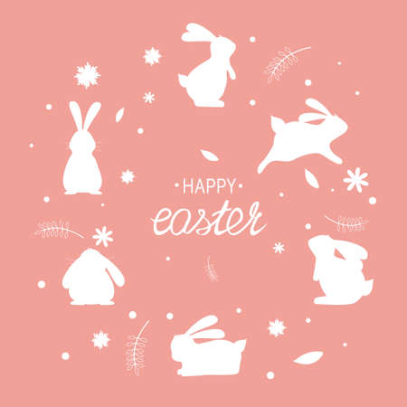 Happy Easter template with cute bunny silhouettes on pink background. Collection of bunnies in various poses in the circle. Seasonal illustration with rabbits, leaves and flowers. Vector illustration.のイラスト素材
