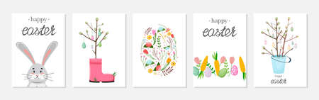 Collection of Easter cards with a bunny, eggs, rubber boots and carrots. Templates for cards,...