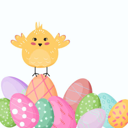 Cute chicks sitting on Easter eggs. Cute round bird sitting on painted eggs. Vector illustration.のイラスト素材