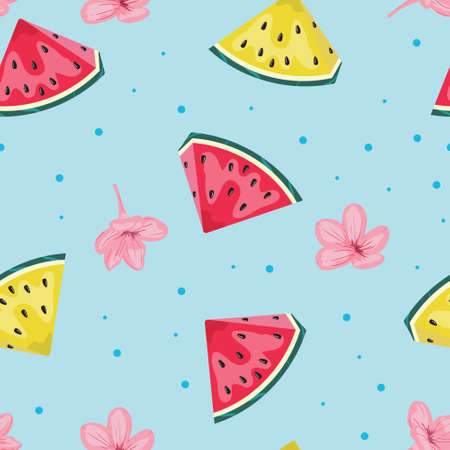 Watermelon seamless pattern. Seamless pattern with red and yellow watermelon on blue background. For...