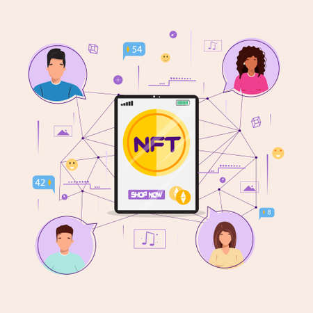 Different people buying online NFT. Big cell phone with people around. NFT concept.のイラスト素材