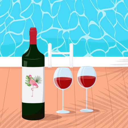 Bottle of red wine with flamingo on it, two glasses standing next to the swimming pool. Summer, romantic holiday concept illustration.のイラスト素材