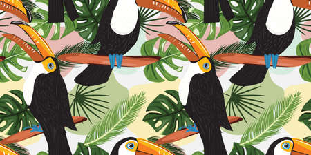 Seamless pattern with tropical toucan in the nature. Tropical background with toucan and tropical leaves for decoration design. For textile, wallpaper, wrapping paper and any surface design.のイラスト素材