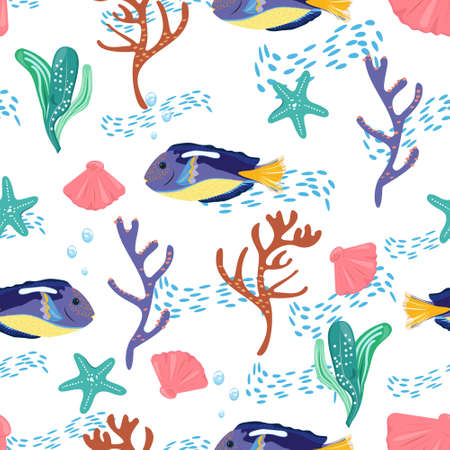 Blue fish seamless pattern with corals, seaweeds and starfish on white background. Beautiful ocean...