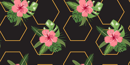 Trendy seamless pattern for decoration design. Tropical seamless pattern with tropical hibiscus flowers and tropical leaves on black background. For textile, paper, cards, backgrounds, apparel.のイラスト素材